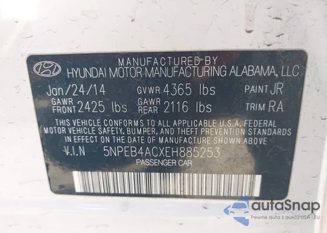 2014 Hyundai Sonata Gls z USA, uszkodzony, nr VIN 5NPEB4ACXEH885253